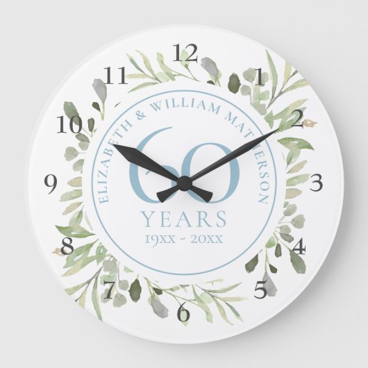 60th Anniversary Watercolour Greenery Floral Große Wanduhr (Vorderseite)