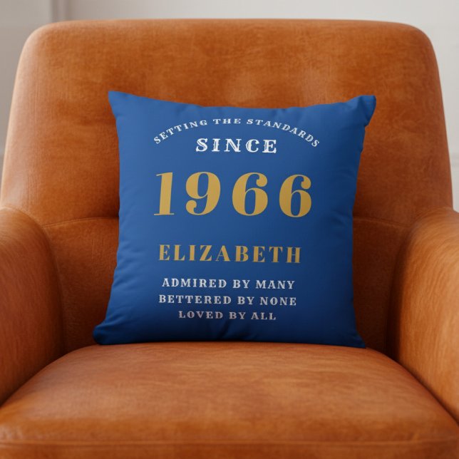 60th Birthday 1966 Add Name Blue Gold Personalized Kissen (Blue 1966 throw pillow on orange chair.)