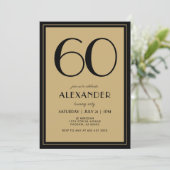 60th Birthday Adult Black and Gold Modern Minimal  Einladung (Stehend Vorderseite)