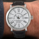 60th Birthday Armbanduhr<br><div class="desc">Stilvolle Uhr mit Einschreibung zum 60. Geburtstag. Der Empfänger ist 60 Jahre alt. Enthält den Namen der Person,  die Geburtstag hat. Schwarzer Text auf einer weißen Armbanduhr.</div>