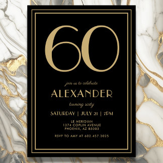 60th Birthday Black and Gold Modern Minimal Adult Einladung