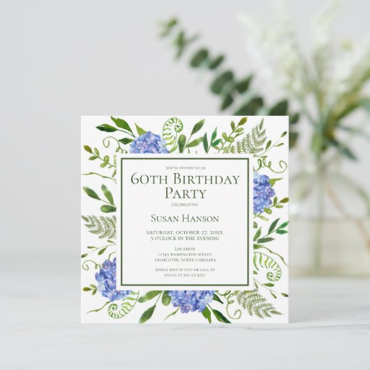 60th Birthday Blue Hydrangeas Card Request  Einladung (Stehend Vorderseite)