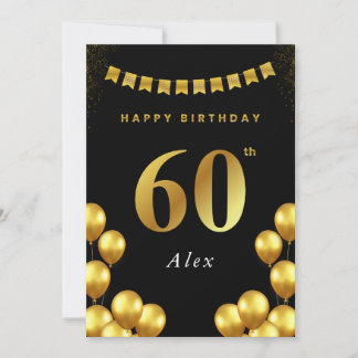 60th Birthday Card Black and Gold Balloons Karte