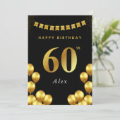 60th Birthday Card Black and Gold Balloons Karte (Stehend Vorderseite)