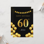 60th Birthday Card Black and Gold Balloons Karte (Vorderseite/Rückseite Beispiel)