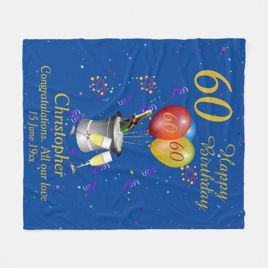 60th Birthday Celebration Blue Fleece Blanket (Vorderseite (Horizontal))