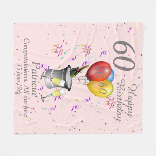 60th Birthday Celebration Pink Fleece Blanket (Vorderseite (Horizontal))