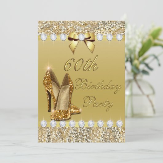60th Birthday Classy Gold Heelses Sequins Diamonds Einladung (Stehend Vorderseite)