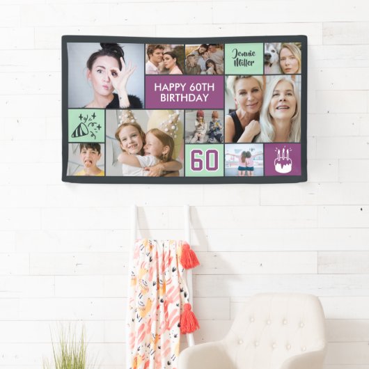 60th Birthday Custom Photo Collage Purple Green Banner (Insitu)