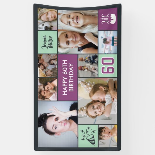 60th Birthday Custom Photo Collage Purple Green Banner (Vertikal)