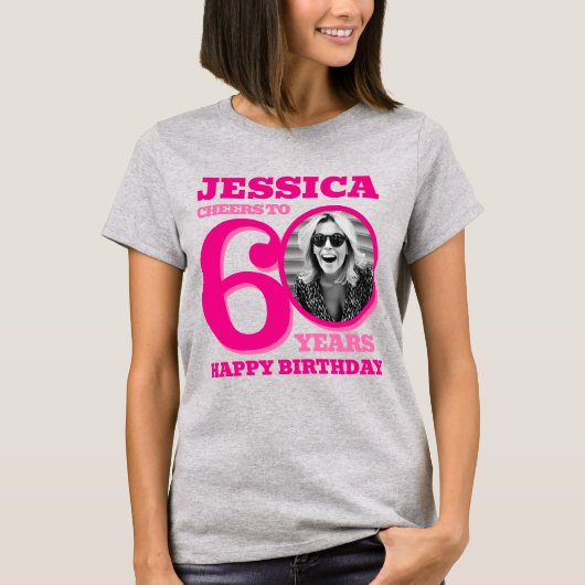 60th Birthday doubled sided photo name pink text T-Shirt (Vorderseite)