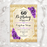 60th Birthday - Gold Stripes Purple Roses Einladung<br><div class="desc">60th Birthday Invitation. Elegant design in gold and purple. Features faux glitter gold stripes,  purple roses stylish script font and confetti. Perfect for a glam birthday party.</div>