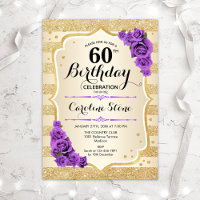 60th Birthday - Gold Stripes Purple Roses