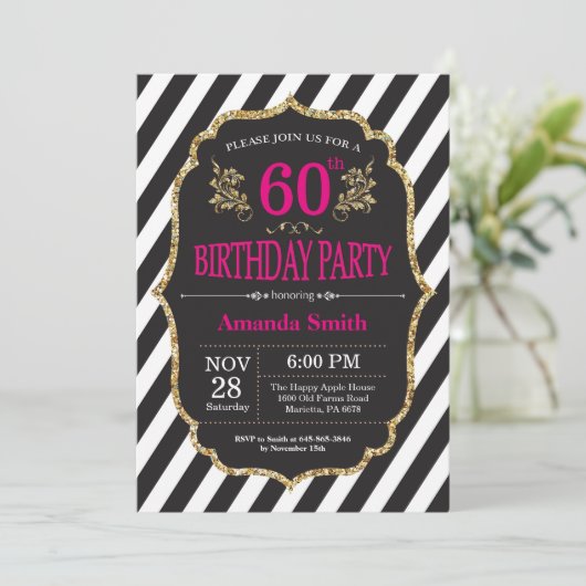 60th Birthday Invitation. Black and Gold Glitter Einladung (Stehend Vorderseite)