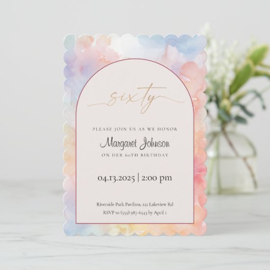 60th Birthday Invitation | Pastel Watercolor Gold Einladung (Stehend Vorderseite)