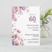 60th Birthday Invitation Purple Floral Elegant Einladung (Stehend Vorderseite)