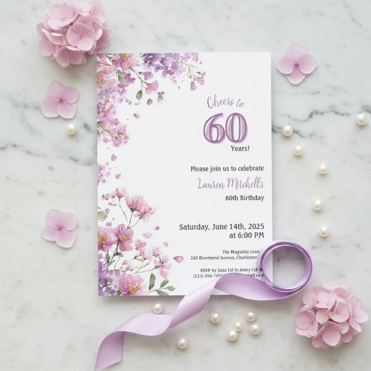 60th Birthday Invitation Purple Floral Elegant Einladung