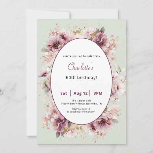 60th Birthday Invitation Purple Floral Watercolor Einladung (Vorderseite)