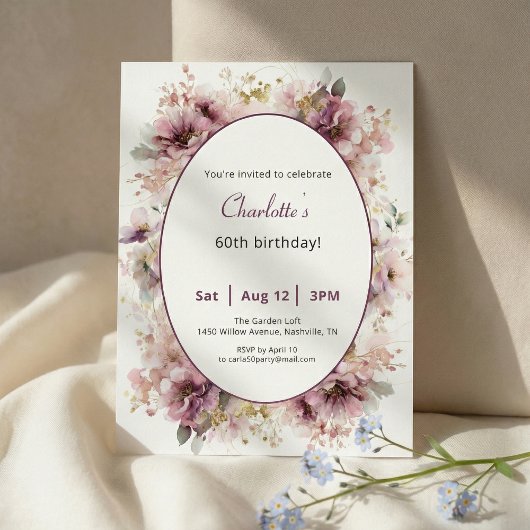 60th Birthday Invitation Purple Floral Watercolor Einladung