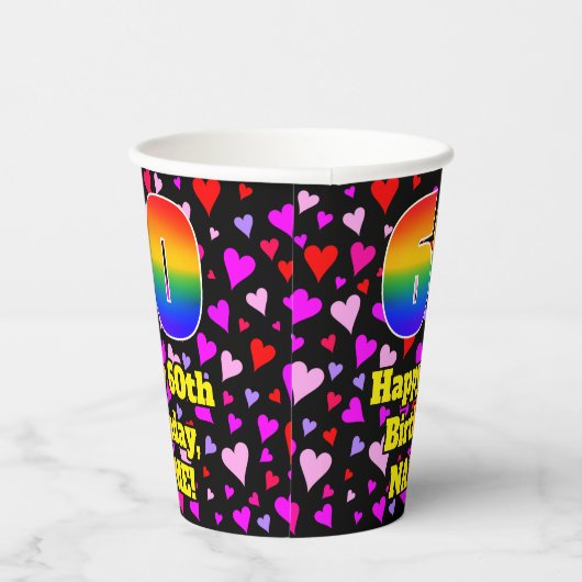 60th Birthday: Loving Hearts Pattern, Rainbow 60 Pappbecher (Rechts)