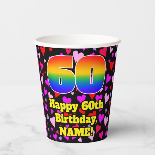 60th Birthday: Loving Hearts Pattern, Rainbow 60 Pappbecher (Vorderseite)