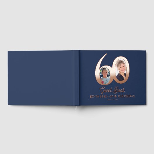 60th Birthday modern elegant photo blue rose gold Gästebuch (Voll)