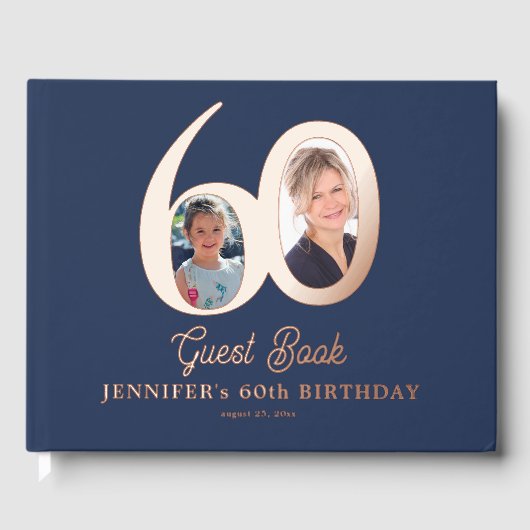 60th Birthday modern elegant photo blue rose gold Gästebuch (Vorderseite)