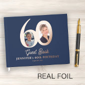 60th Birthday modern elegant photo blue rose gold Gästebuch