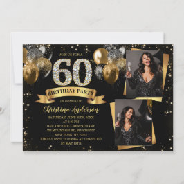 60th Birthday Modern Gold Glitter Balloons 2 Photo Einladung