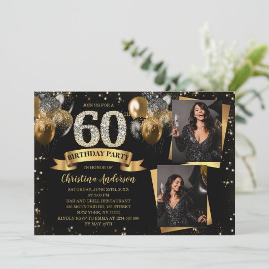 60th Birthday Modern Gold Glitter Balloons 2 Photo Einladung (Stehend Vorderseite)