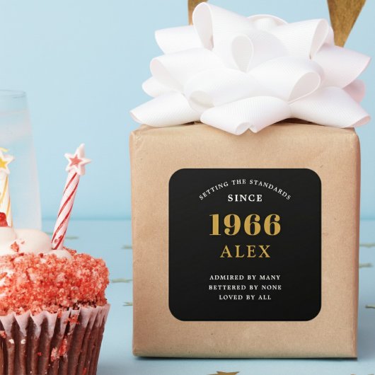 60th Birthday Name 1966 Black Gold Elegant Chic Quadratischer Aufkleber