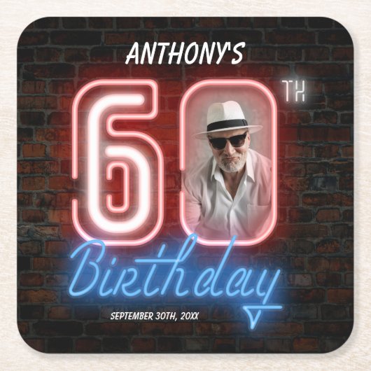 60th Birthday Neon 80s Retro Modern Custom Photo Rechteckiger Pappuntersetzer (Vorderseite)
