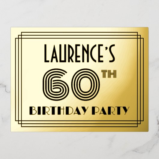 60th Birthday Party ~ Art Deco Style “60” + Name Folie Einladungspostkarte (Vorderseite)