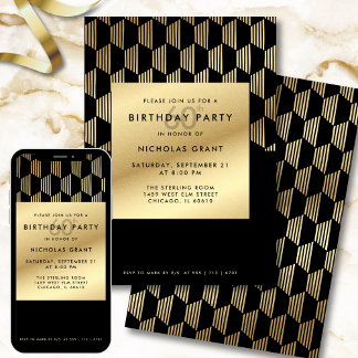 60th Birthday Party Modern Black and Gold Foil Einladung