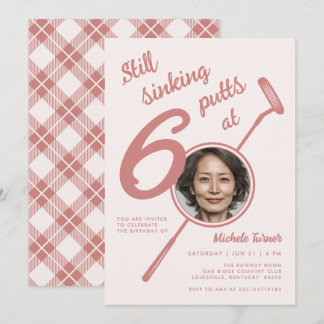 60th Birthday Party Modern Golf Putter Photo Pink Einladung