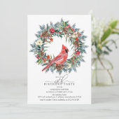 60th Birthday Party Red Cardinal Winter Wreath Einladung (Stehend Vorderseite)