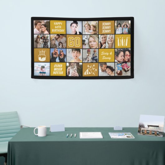 60th Birthday Photo Collage Custom Black Gold Banner (Messeveranstaltung)