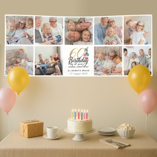 60th Birthday Photo Collage Gold Script Typography Banner