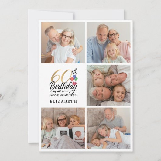 60th Birthday Photo Collage Gold Script Typography Einladung (Vorderseite)