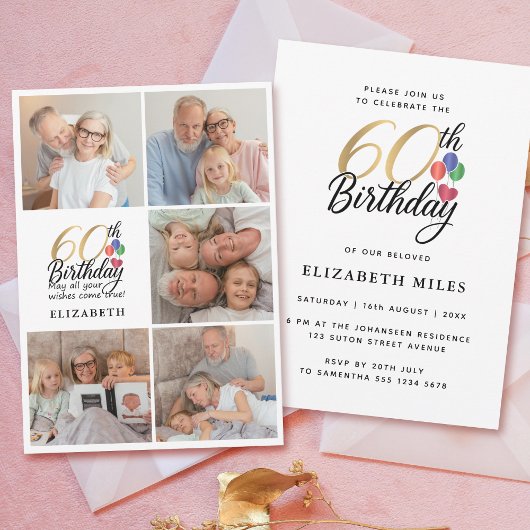 60th Birthday Photo Collage Gold Script Typography Einladung