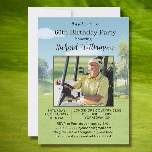 60th Birthday Photo Watercolor Golf Theme Einladung