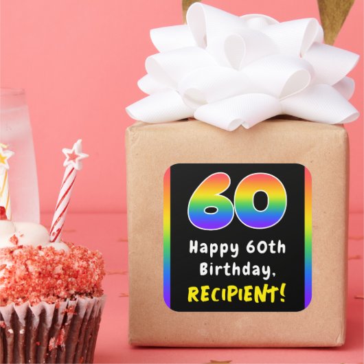 60th Birthday: Rainbow Spectrum # 60, Custom Name Quadratischer Aufkleber (Party)