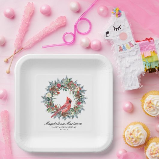 60th Birthday Red Cardinal Wreath Custom Pappteller (Party)