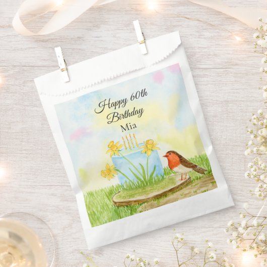 60th Birthday Robin with Daffodil Cake Geschenktütchen (Ausgeschnitten)
