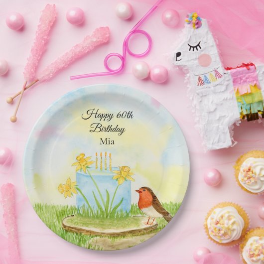 60th Birthday Robin with Daffodil Cake Pappteller (Party)