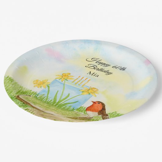 60th Birthday Robin with Daffodil Cake Pappteller (Schrägansicht)