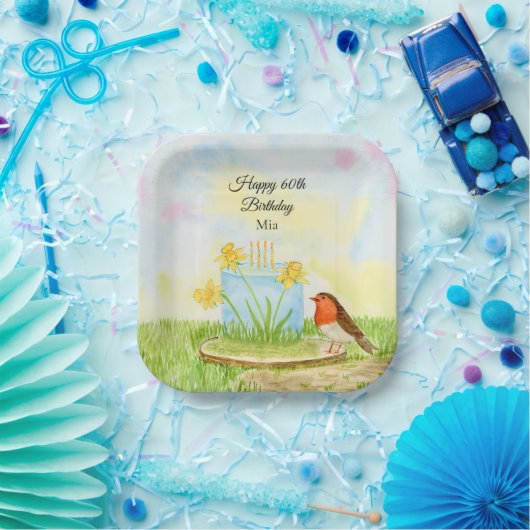 60th Birthday Robin with Daffodil Cake Pappteller (Party)