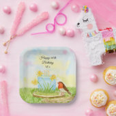 60th Birthday Robin with Daffodil Cake Pappteller (Party)