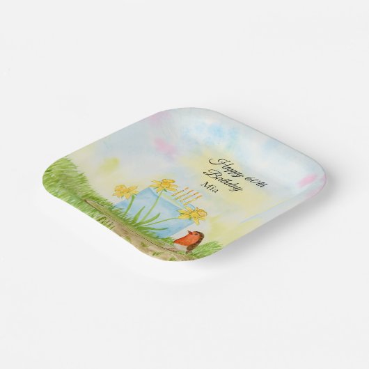 60th Birthday Robin with Daffodil Cake Pappteller (Gewinkelt)