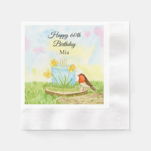 60th Birthday Robin with Daffodil Cake Serviette (Vorderseite)